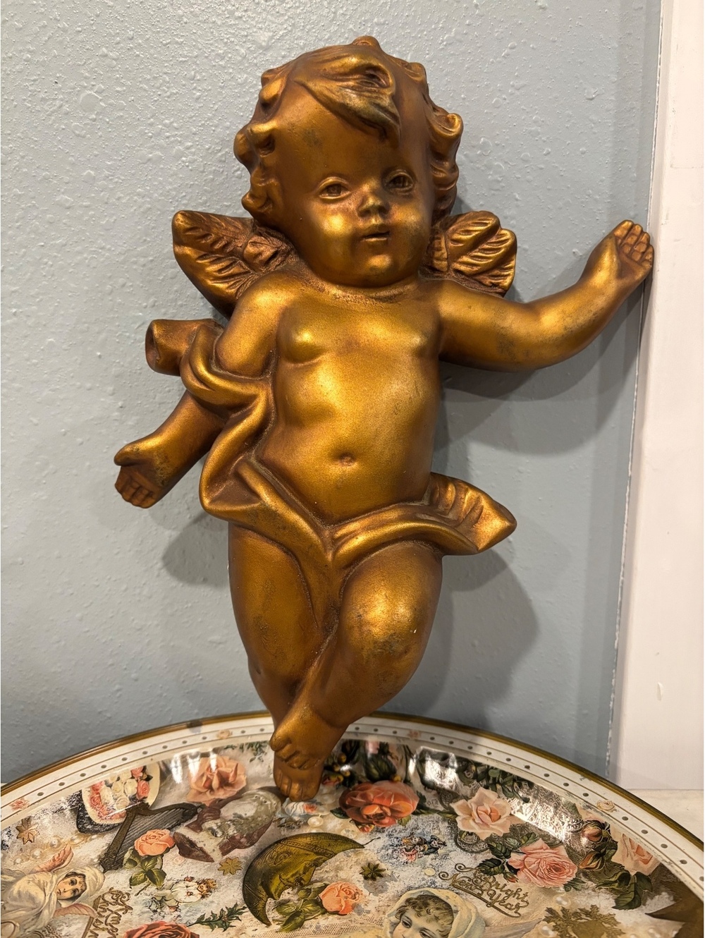 Vintage Gold Gilt Cherub Wall Sculpture, Climbing Putto Angel Wall Decor
